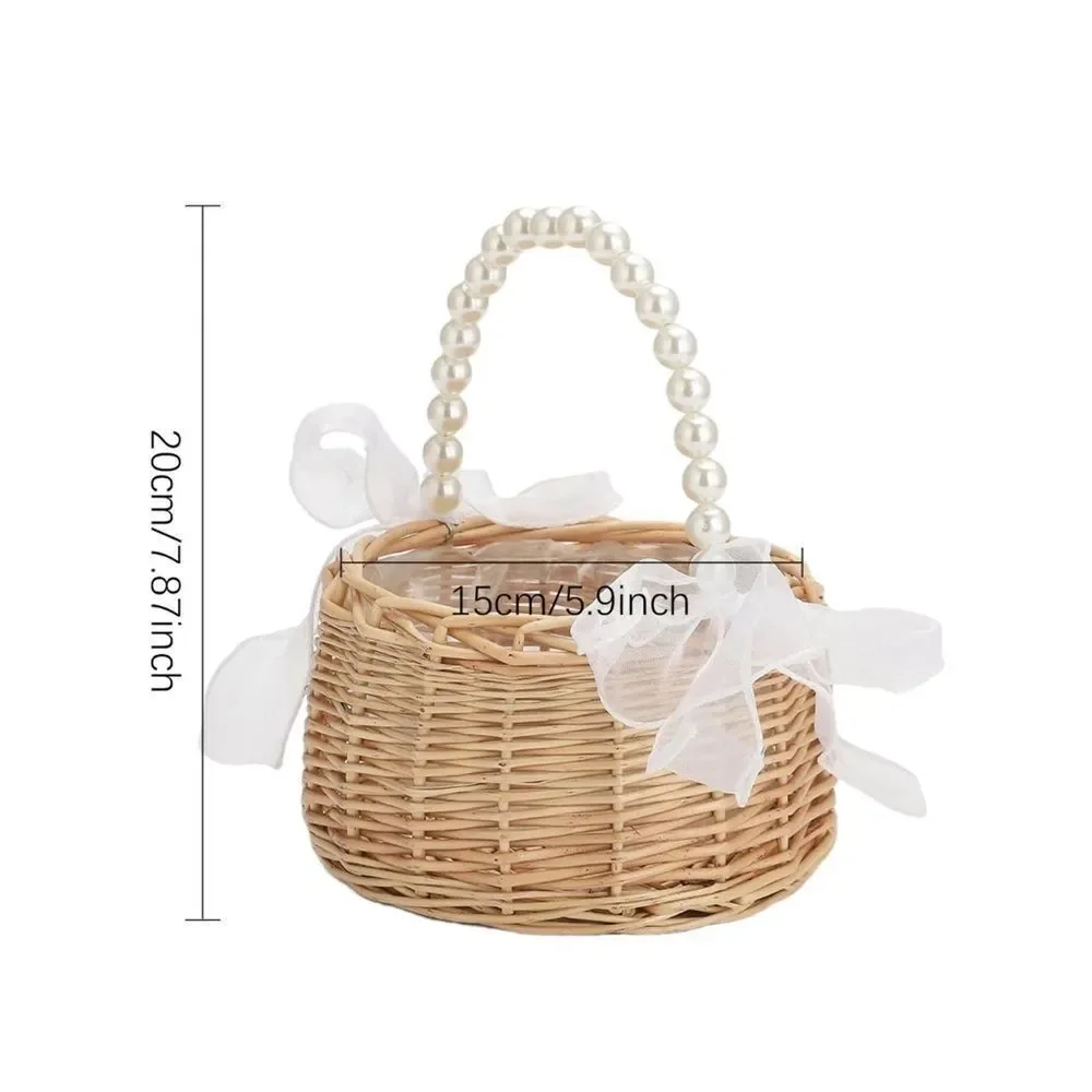 FLOWER GIRL BASKET Pearl handle white ribbon wicker ratan  wedding decor